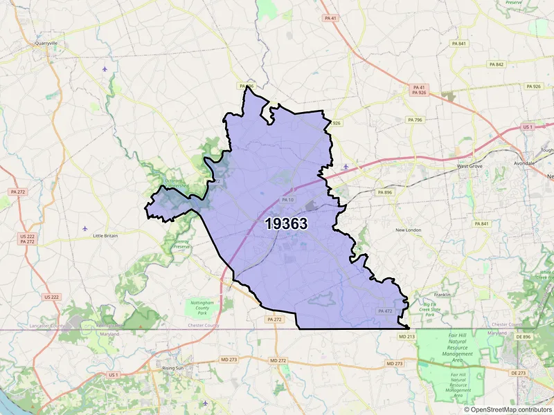 Map of Oxford, Pennsylvania and ZIP codes
