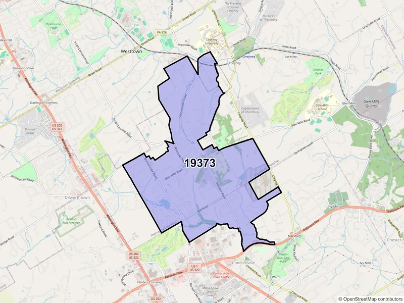 Map of Thornton, Pennsylvania and ZIP codes