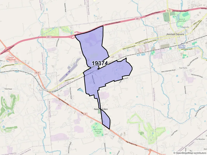 Map of ZIP Code 19374 — Toughkenamon, PA