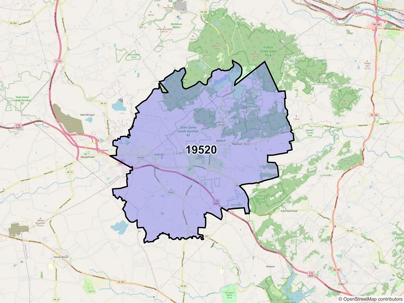Map of Elverson, Pennsylvania and ZIP codes