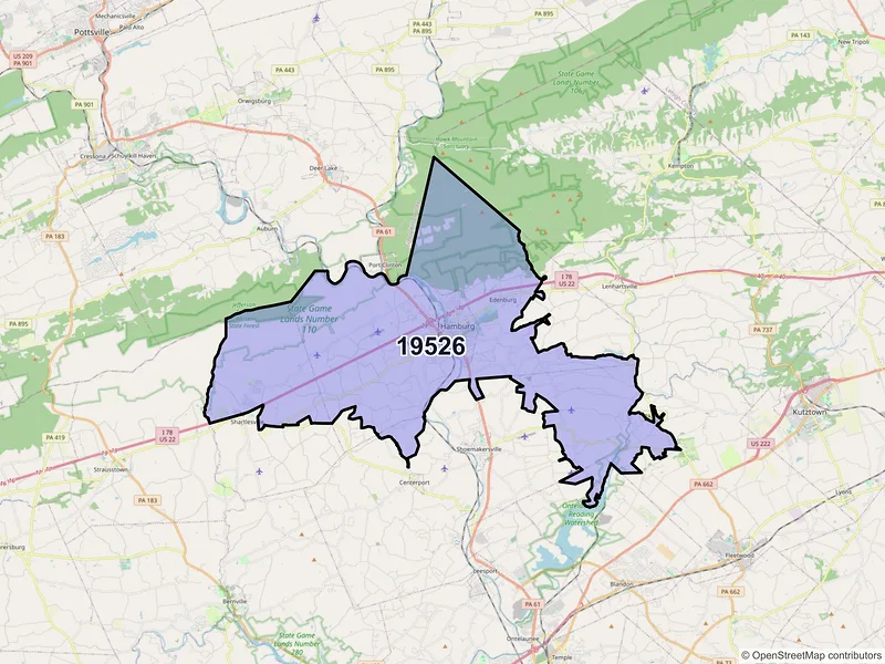 Map of Hamburg, Pennsylvania and ZIP codes