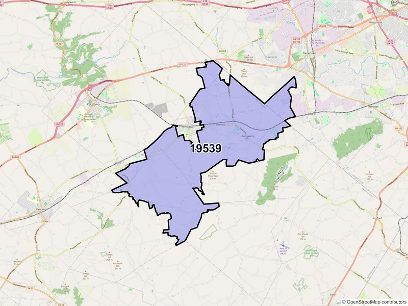 Map of Mertztown, Pennsylvania and ZIP codes