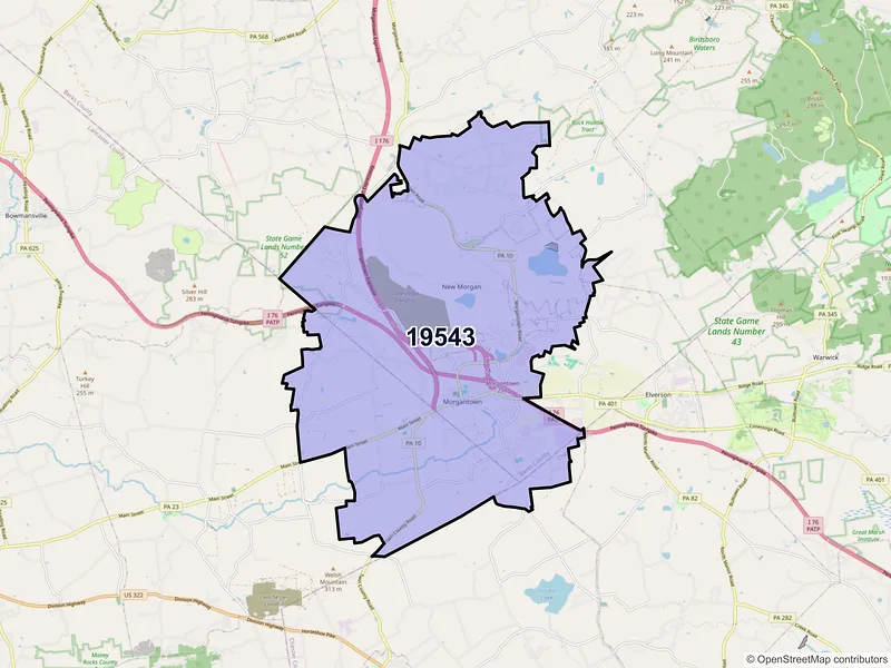 Map of Morgantown, Pennsylvania and ZIP codes