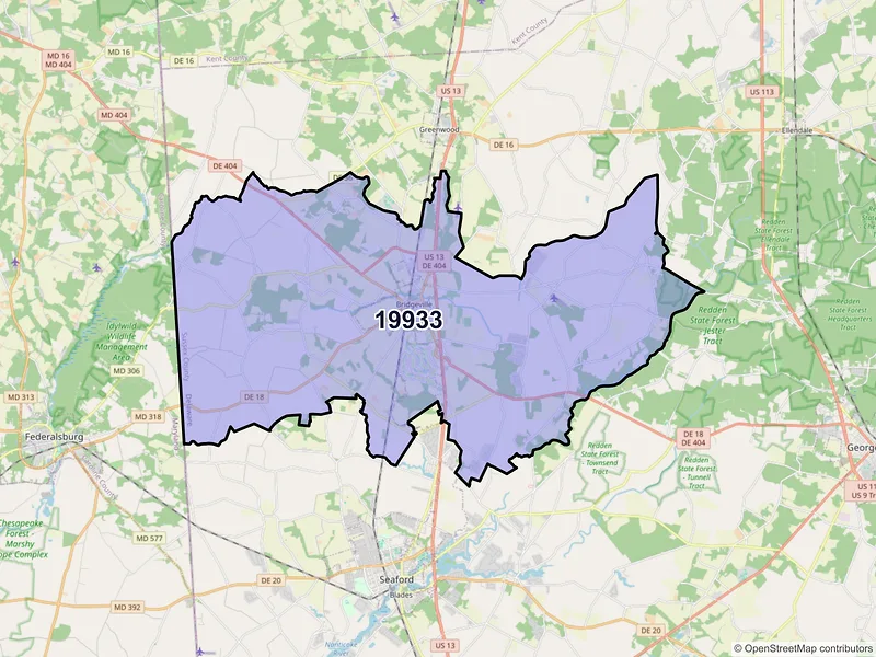 Map of ZIP Code 19933 — Bridgeville, DE