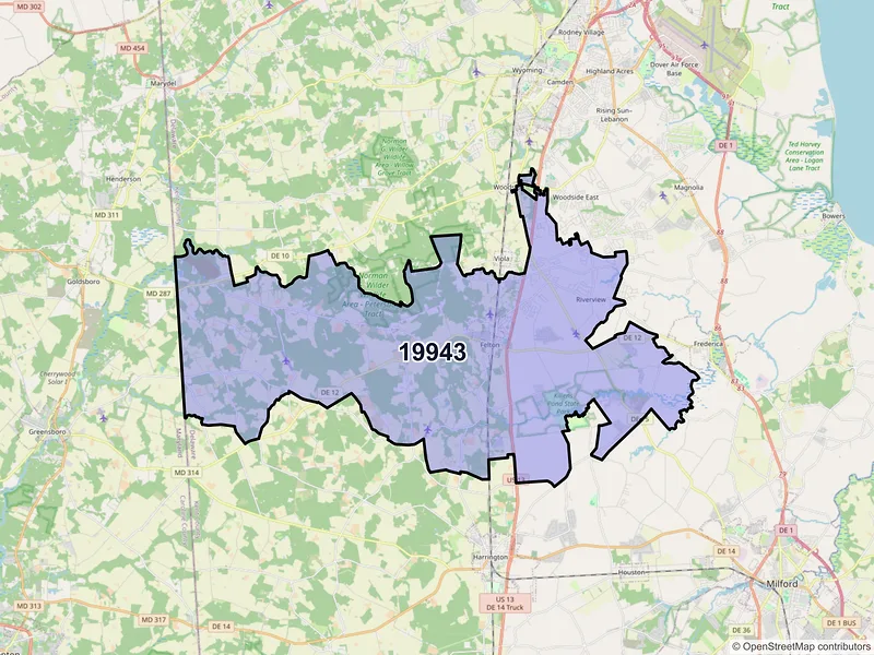 Map of Felton, Delaware and ZIP codes
