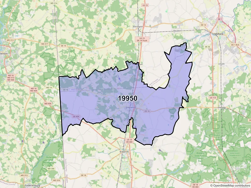 Map of ZIP Code 19950 — Greenwood, DE