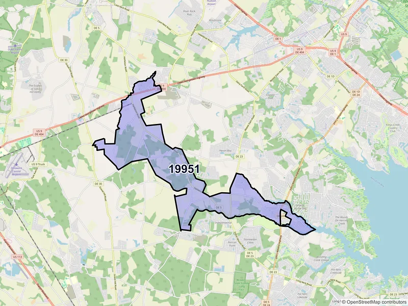 Map of Harbeson, Delaware and ZIP codes
