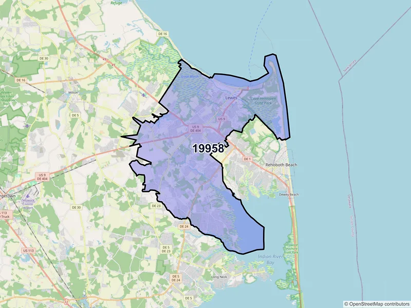 Map of Lewes, Delaware and ZIP codes
