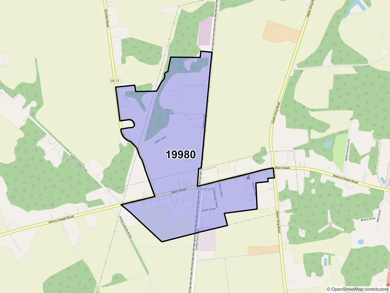 Map of Woodside, Delaware and ZIP codes