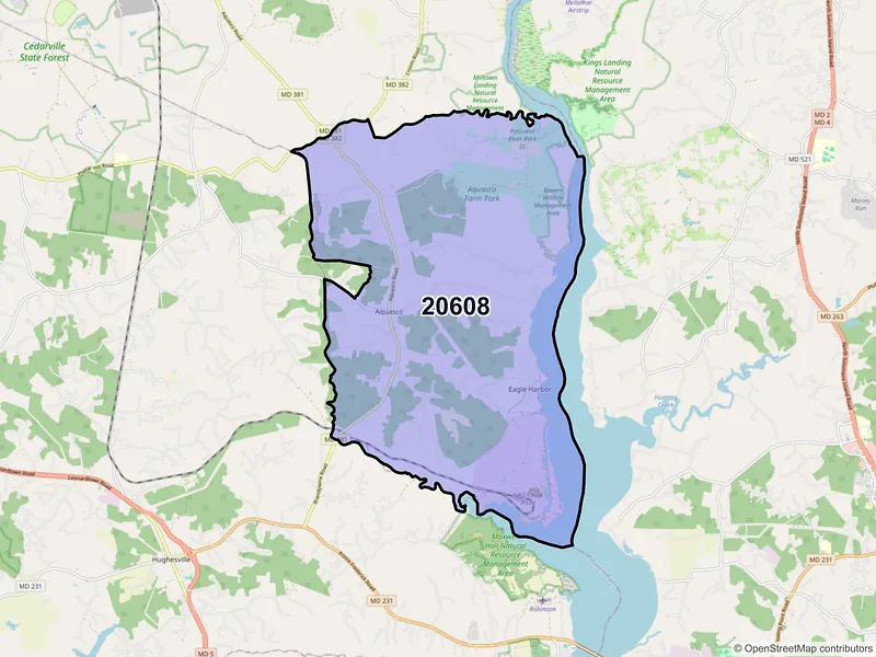 Map of ZIP Code 20608 — Aquasco, MD