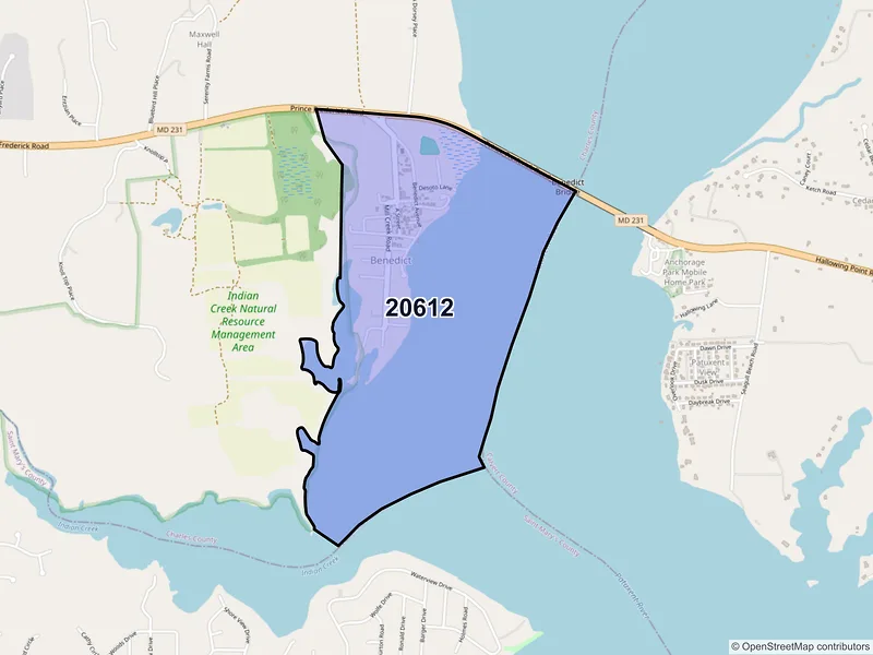 Map of Benedict, Maryland and ZIP codes