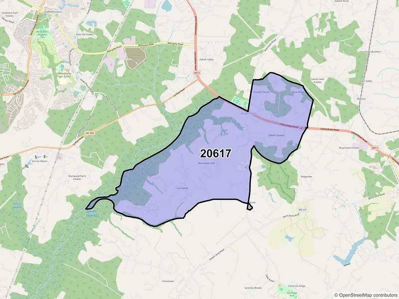 Map of ZIP Code 20617 — Bryantown, MD
