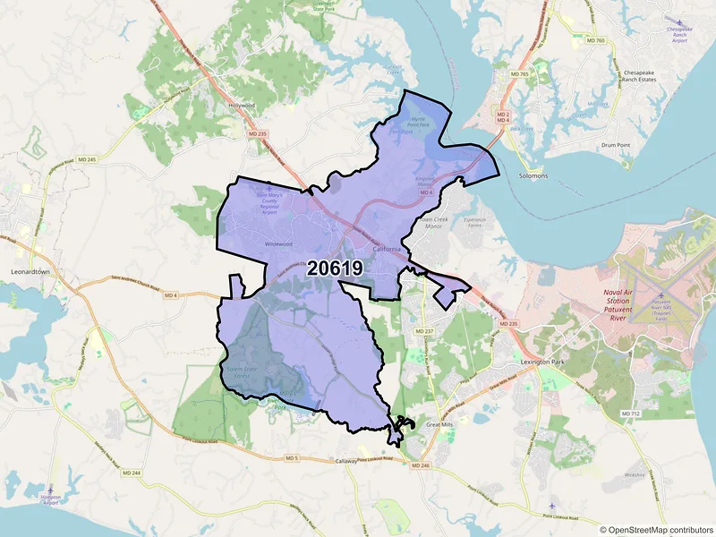 Map of California, Maryland and ZIP codes