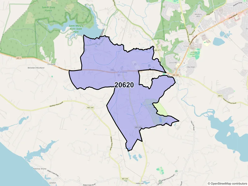 Map of Callaway, Maryland and ZIP codes