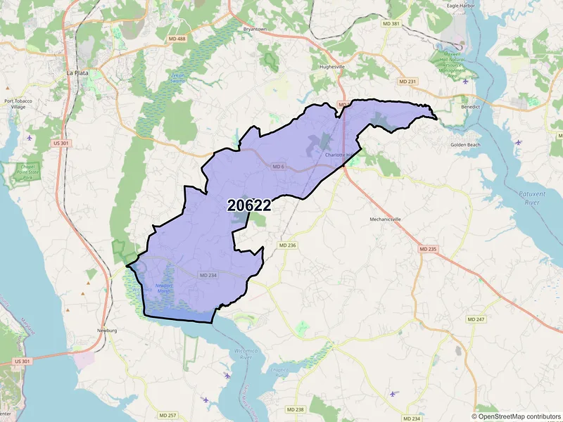 Map of Charlotte Hall, Maryland and ZIP codes