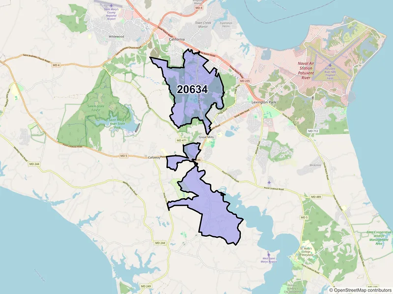 Map of Great Mills, Maryland and ZIP codes