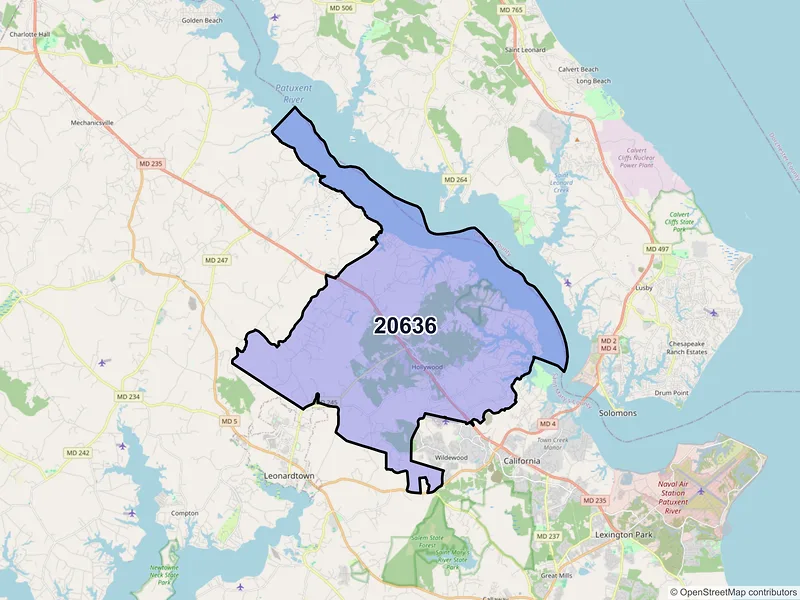 Map of ZIP Code 20636 — Hollywood, MD