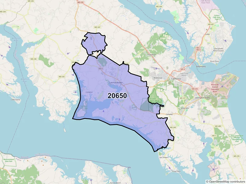 Map of ZIP Code 20650 — Leonardtown, MD