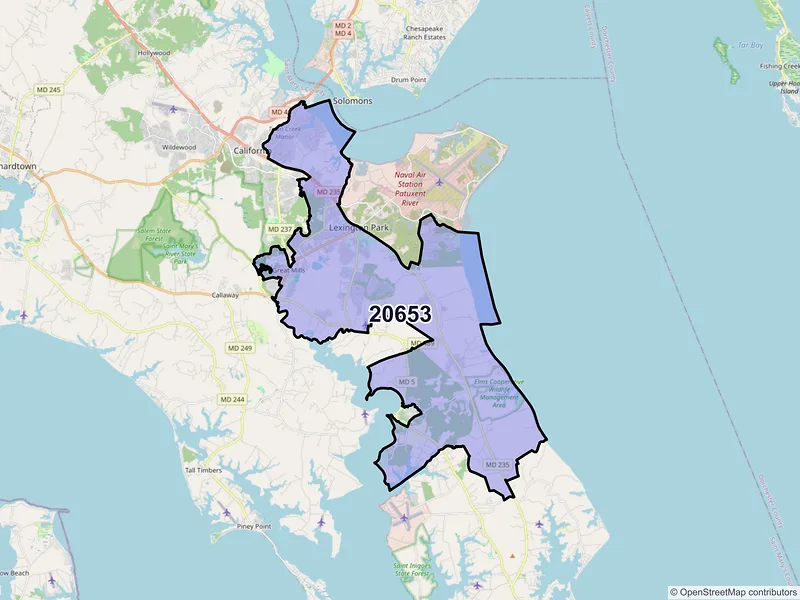 Map of Lexington Park, Maryland and ZIP codes