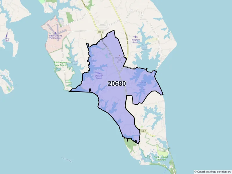 Map of ZIP Code 20680 — Ridge, MD