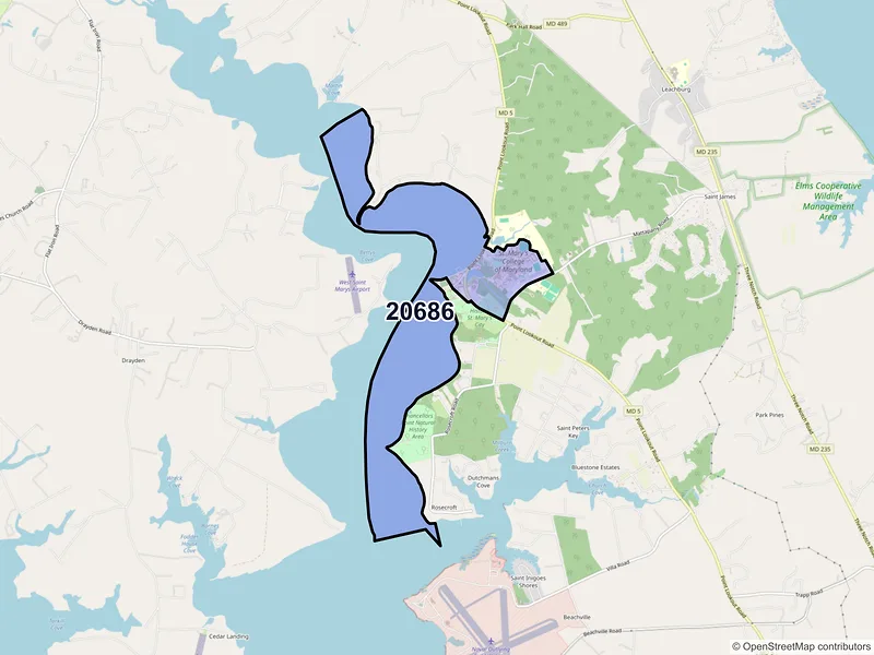 Map of Saint Marys City, Maryland and ZIP codes