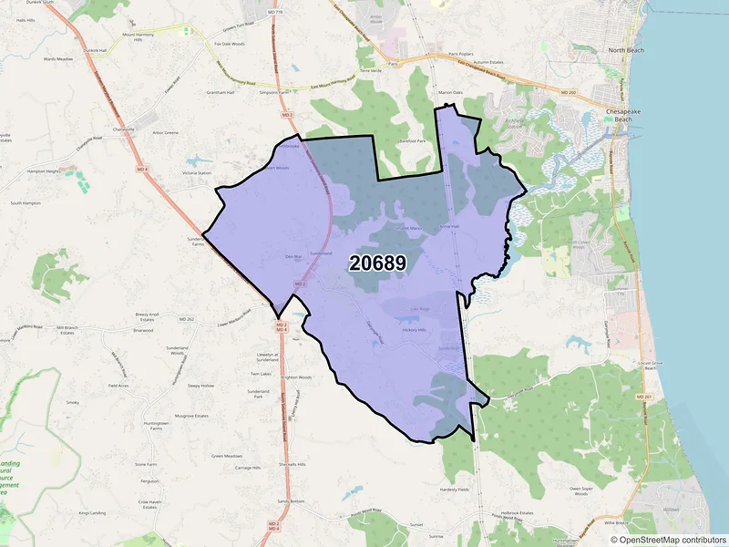 Map of Sunderland, Maryland and ZIP codes
