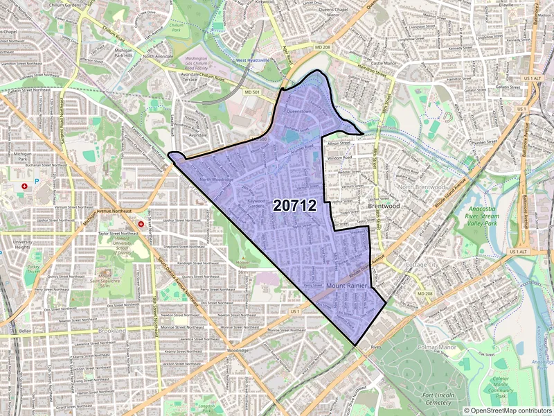 Map of Mount Rainier, Maryland and ZIP codes