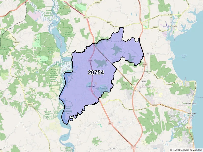 Map of Dunkirk, Maryland and ZIP codes