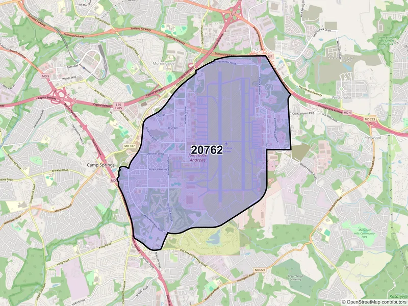 Map of Andrews Air Force Base, Maryland and ZIP codes