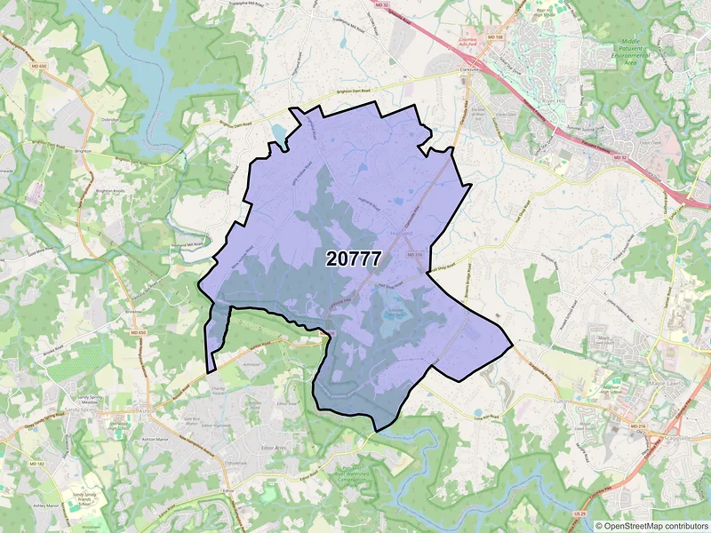 Map of Highland, Maryland and ZIP codes