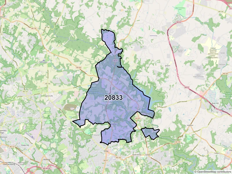 Map of ZIP Code 20833 — Brookeville, MD