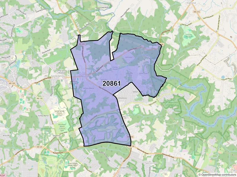 Map of ZIP Code 20861 — Ashton, MD