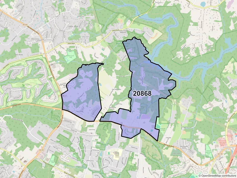 Map of ZIP Code 20868 — Spencerville, MD