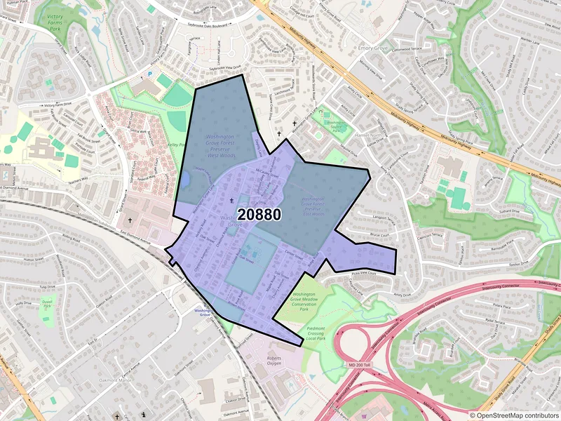 Map of Washington Grove, Maryland and ZIP codes