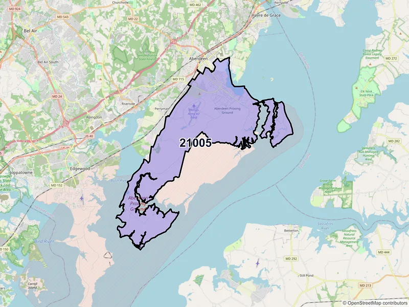 Map of Aberdeen Proving Ground, Maryland and ZIP codes