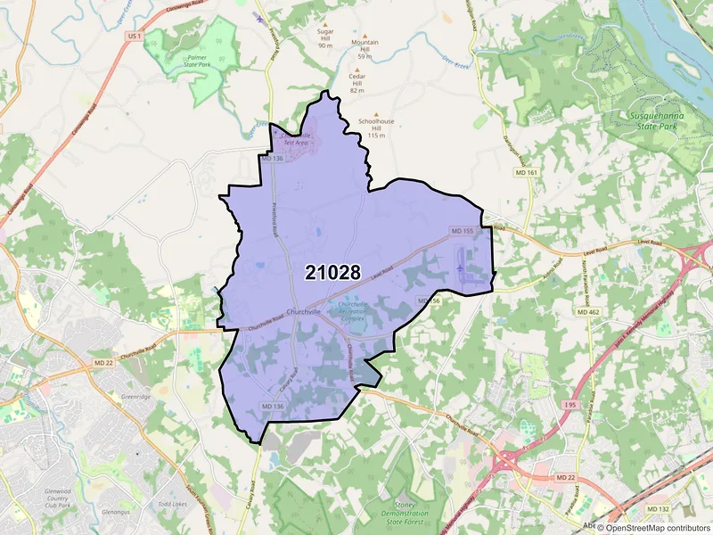 Map of Churchville, Maryland and ZIP codes