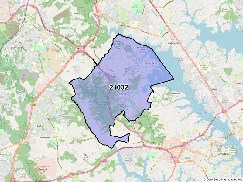 Map of Crownsville, Maryland and ZIP codes