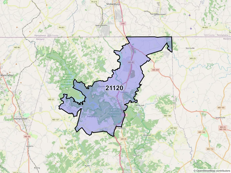 Map of ZIP Code 21120 — Parkton, MD