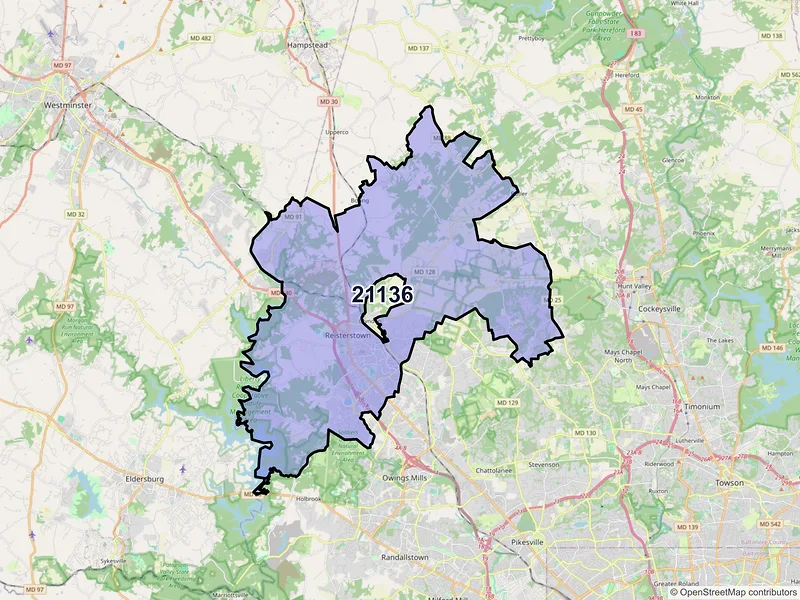 Map of Reisterstown, Maryland and ZIP codes