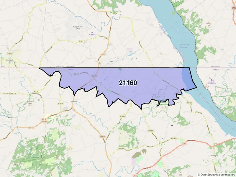 Map of ZIP Code 21160 — Whiteford, MD