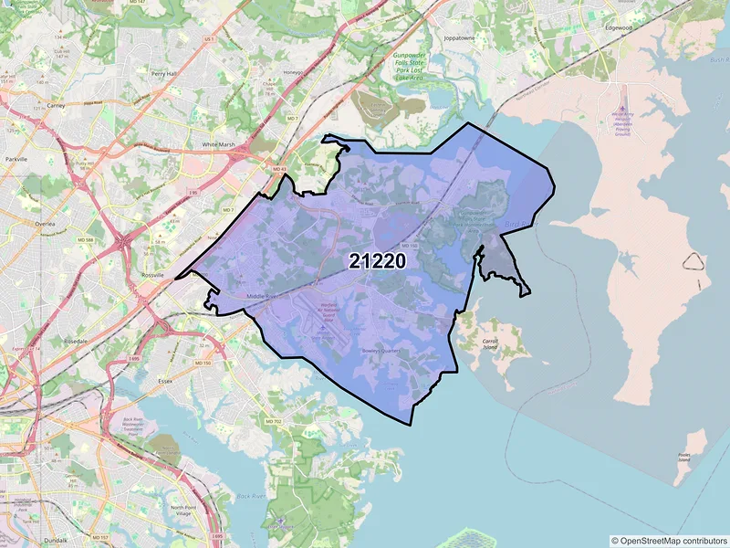 Map of Middle River, Maryland and ZIP codes