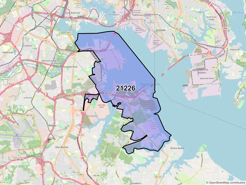 Map of Curtis Bay, Maryland and ZIP codes