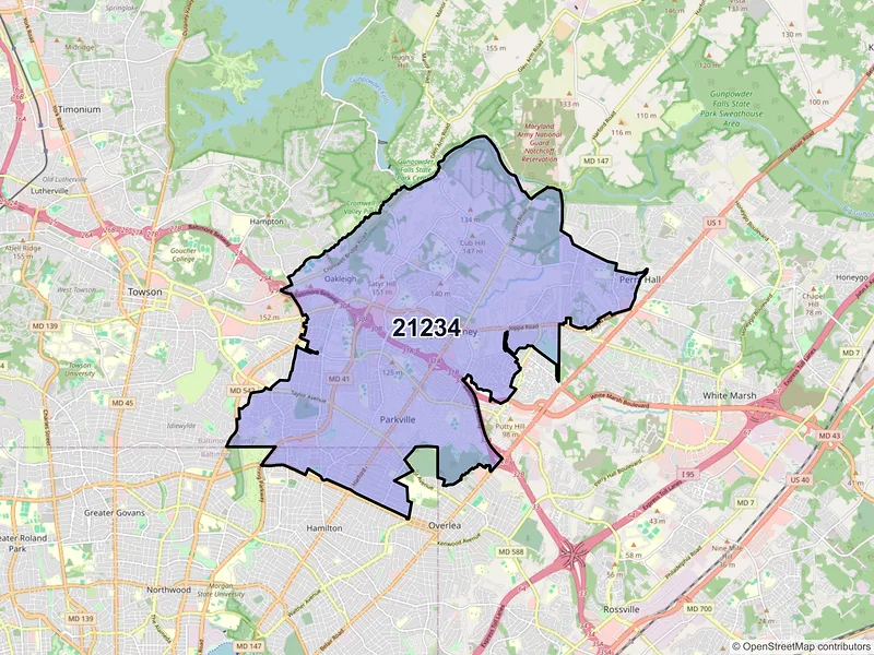Map of Parkville, Maryland and ZIP codes