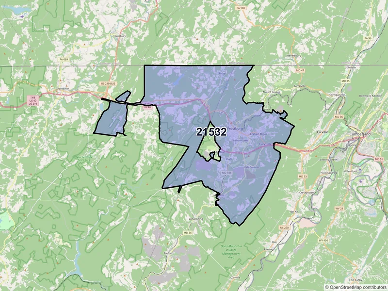 Map of Frostburg, Maryland and ZIP codes