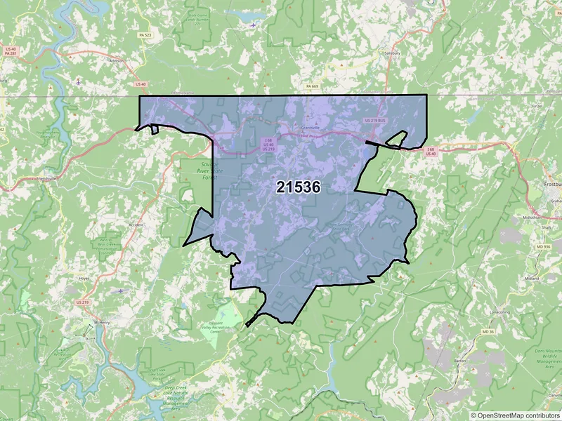 Map of Grantsville, Maryland and ZIP codes