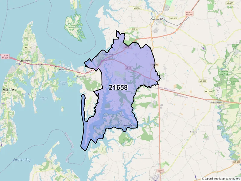 Map of ZIP Code 21658 — Queenstown, MD