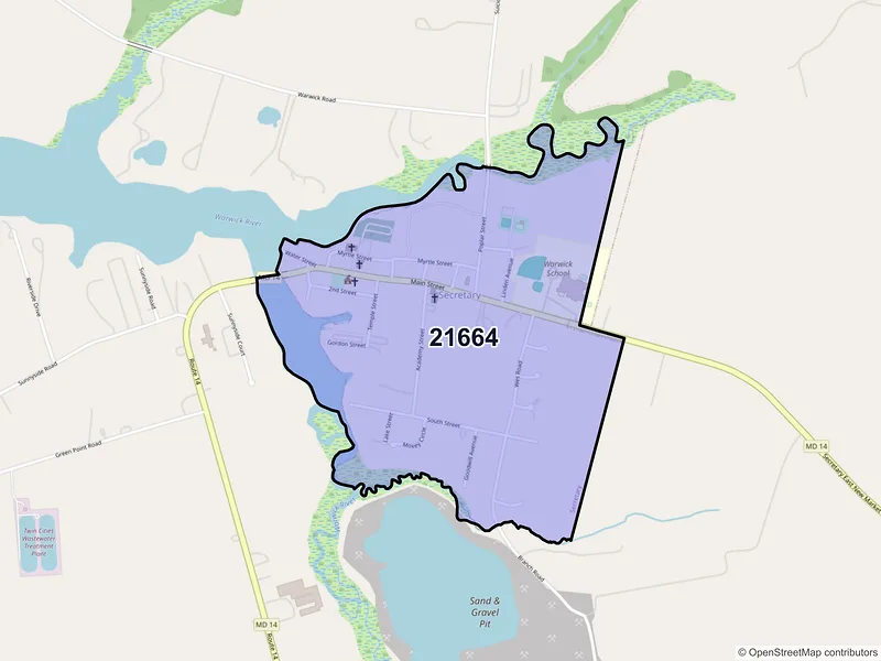 Map of Secretary, Maryland and ZIP codes