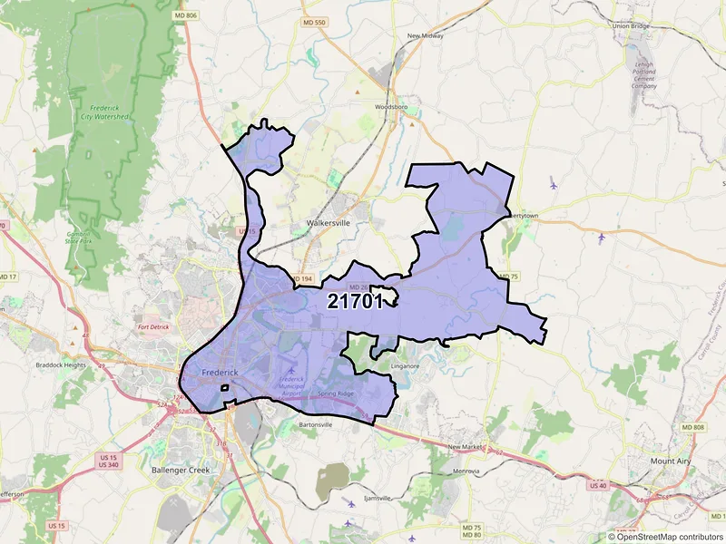Map of ZIP Code 21701 — Frederick, MD