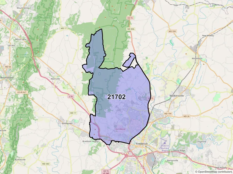 Map of ZIP Code 21702 — Frederick, MD