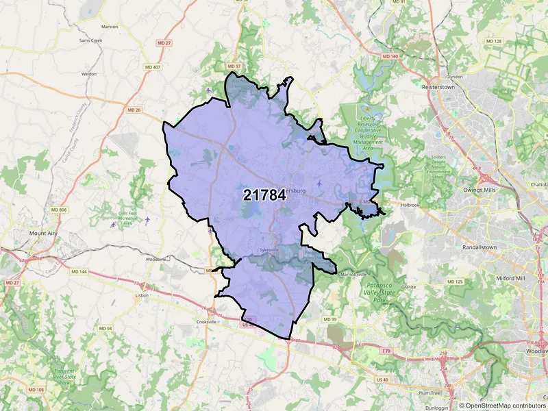 Map of ZIP Code 21784 — Sykesville, MD